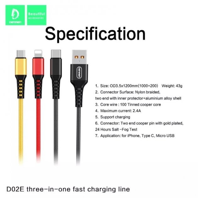 Кабель Denmen D02E 3-in-1 Micro+ Lightning+Type-C-2