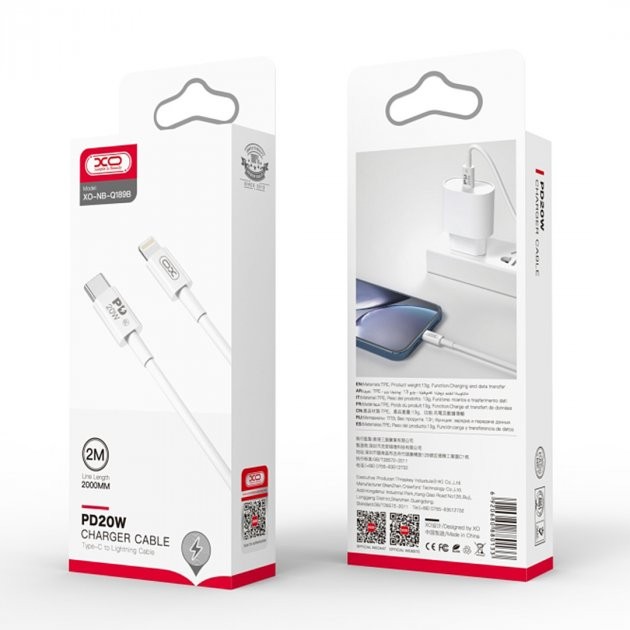 Кабель Type-C to Lightning XO NB-Q189B 20W 2m (Білий)-0