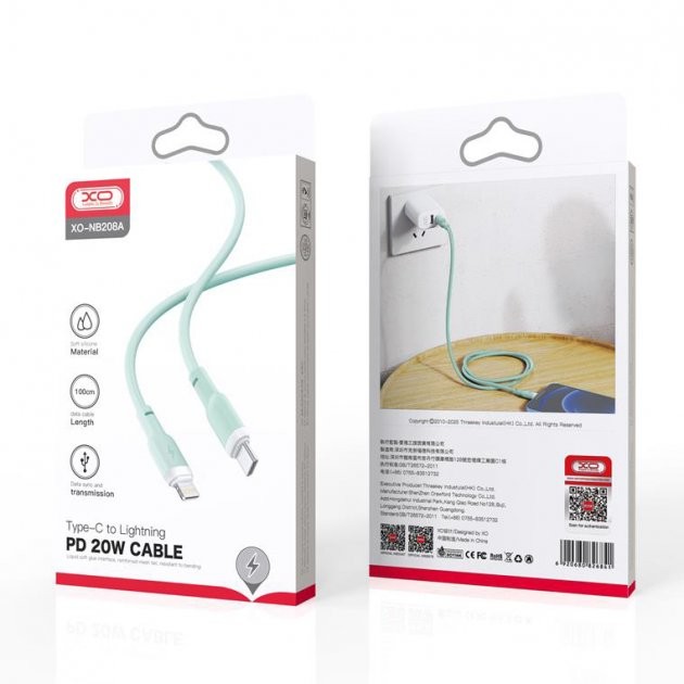 Кабель Type-C to Lightning XO NB208A Liquid Silicone 20W (М`ятний)-0