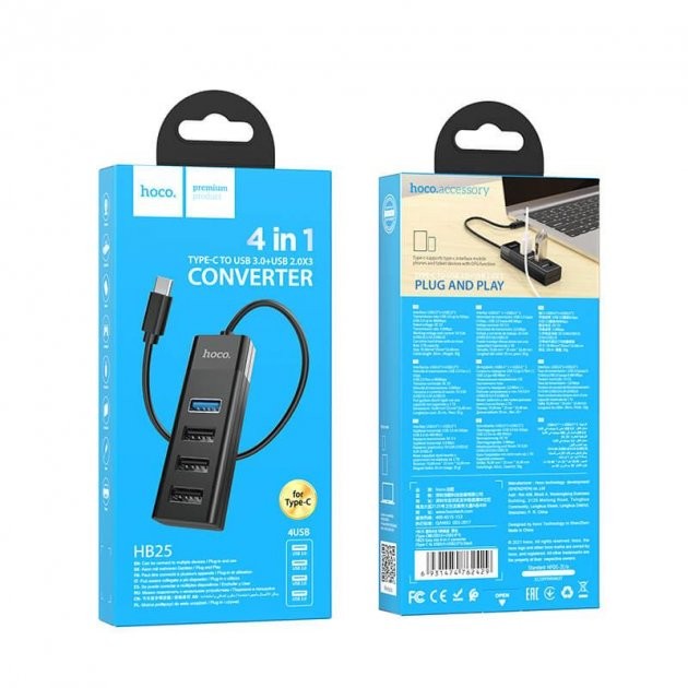Хаб Hoco HB25 Easy mix 4-in-1 converter(Type-C to USB3.0+USB2.0*3) Black-0