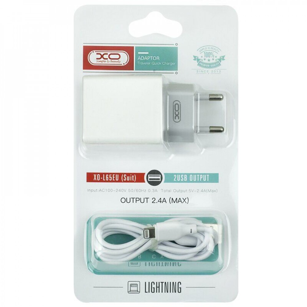 XO L65 Lightning 2USB 2.4A White-0