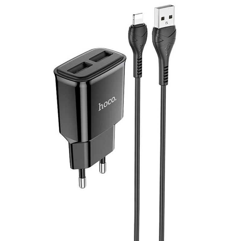 Зарядний пристрій Hoco C88A Star round 2USB 2.4A EU + lightning  (Чорний)-1