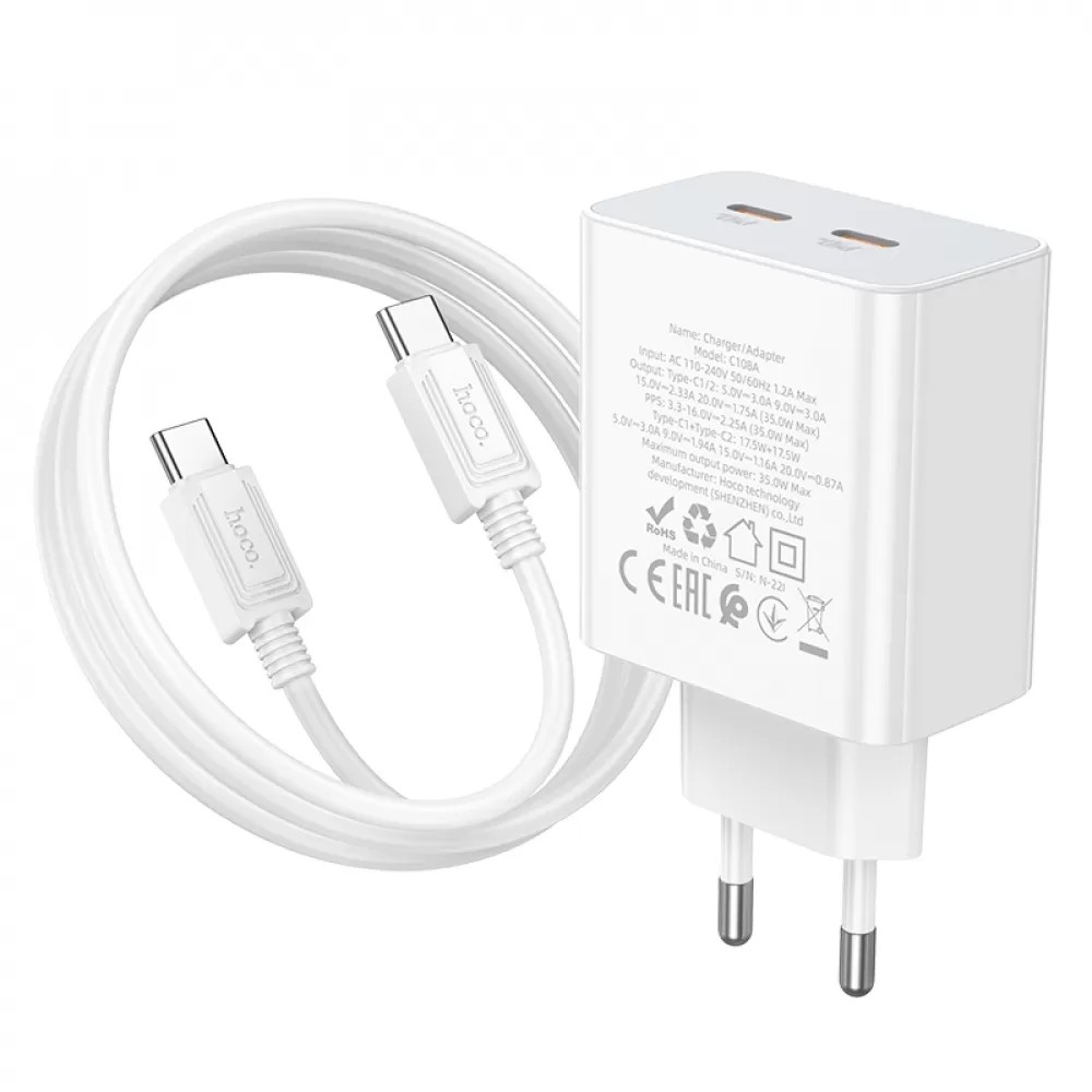 Мережевий адаптер Hoco C108A Leader PD35W 2 TYPE-C (EU) white-1