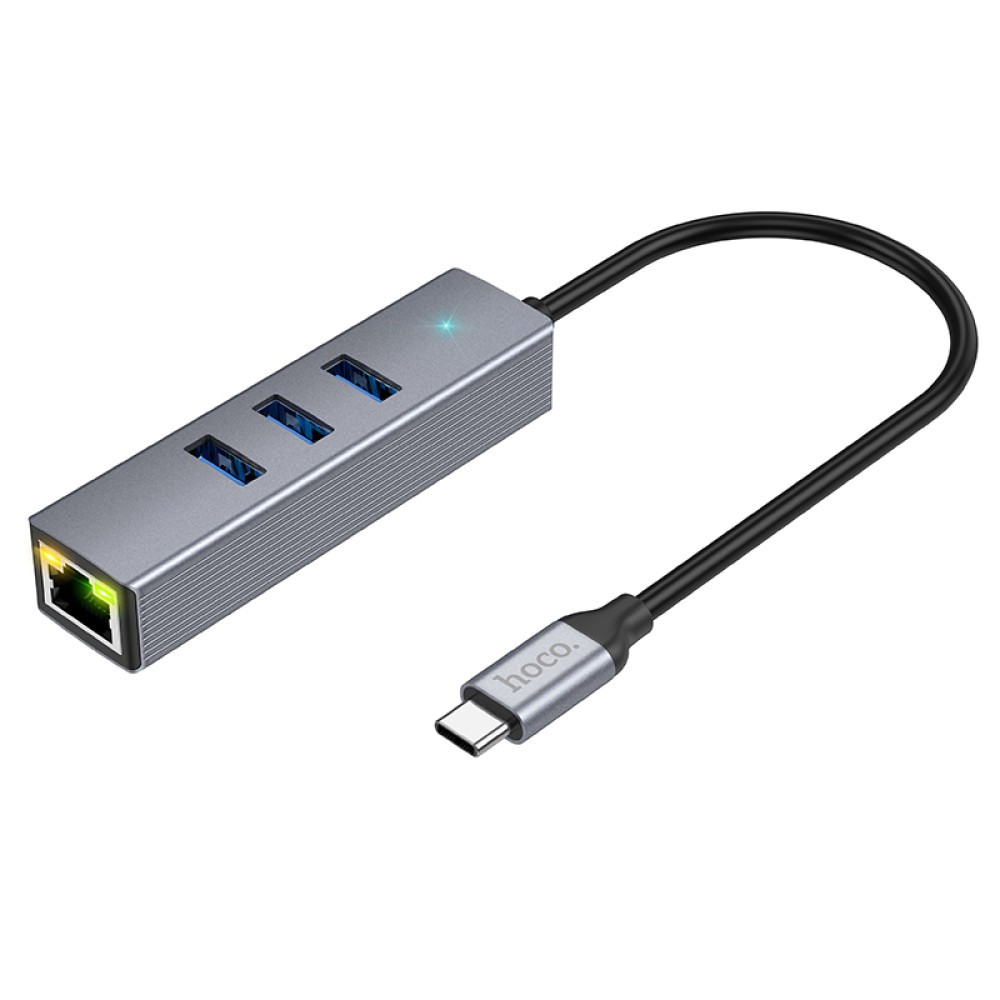 Перехідник Hoco HB34 Easy link Type-C Gigabit network adapter(Type-C to USB3.0*3+RJ45) (Сірий)-1