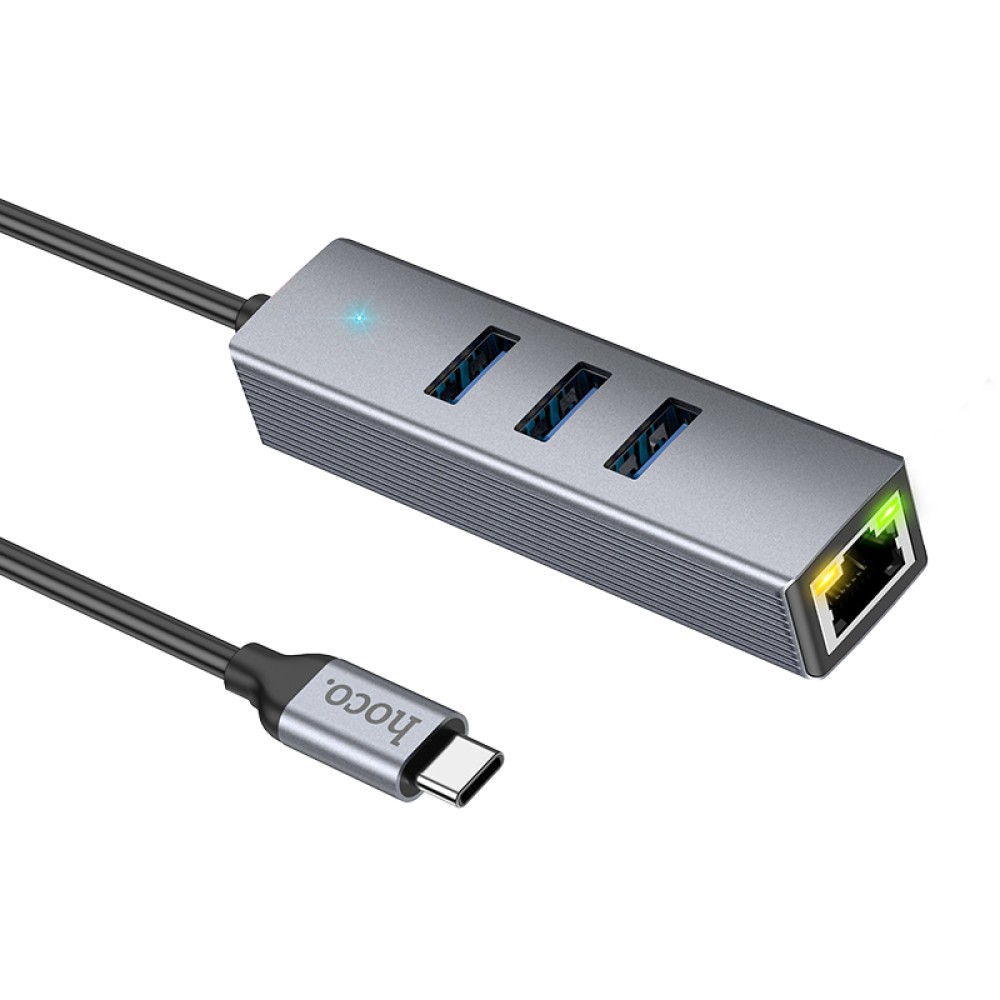 Перехідник Hoco HB34 Easy link Type-C Gigabit network adapter(Type-C to USB3.0*3+RJ45) (Сірий)-2