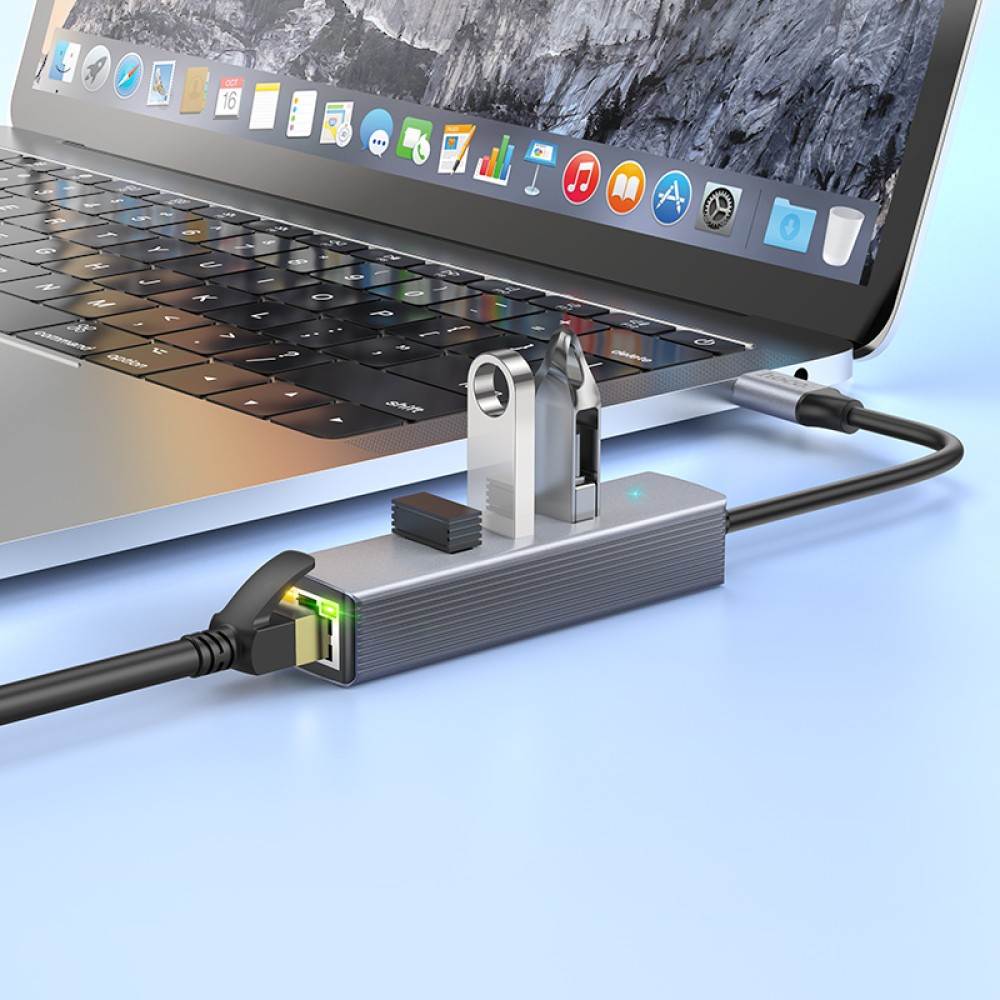 Перехідник Hoco HB34 Easy link Type-C Gigabit network adapter(Type-C to USB3.0*3+RJ45) (Сірий)-3