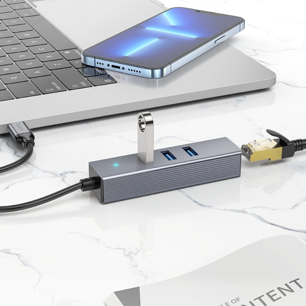 Перехідник Hoco HB34 Easy link Type-C Gigabit network adapter(Type-C to USB3.0*3+RJ45) (Сірий)-4