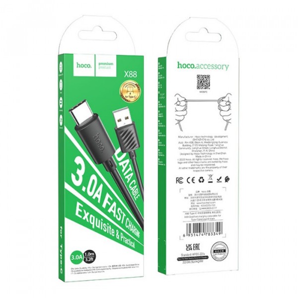 Зарядний шнур Hoco X88 Gratified charging data cable для Type-C 3A 1m  Black-0