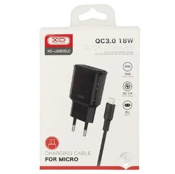 МЗП XO L92D Micro 1USB QC3.0 18W Швидка зарядка EU (Чорний)-0