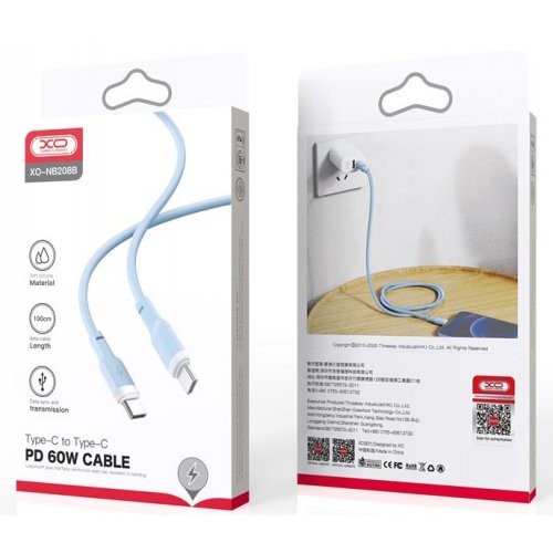 USB Кабель XO NB208B Type-C-Type-C Liquid Silicone 60W 5A 1.0m Blue-0
