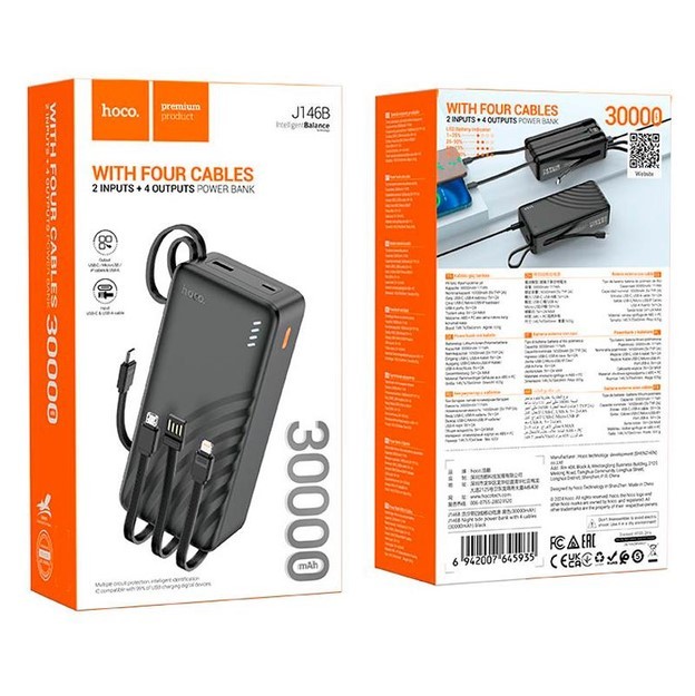Power Bank HOCO Night Tide J146B 30000mAh із 4 вбудованими кабелями-0
