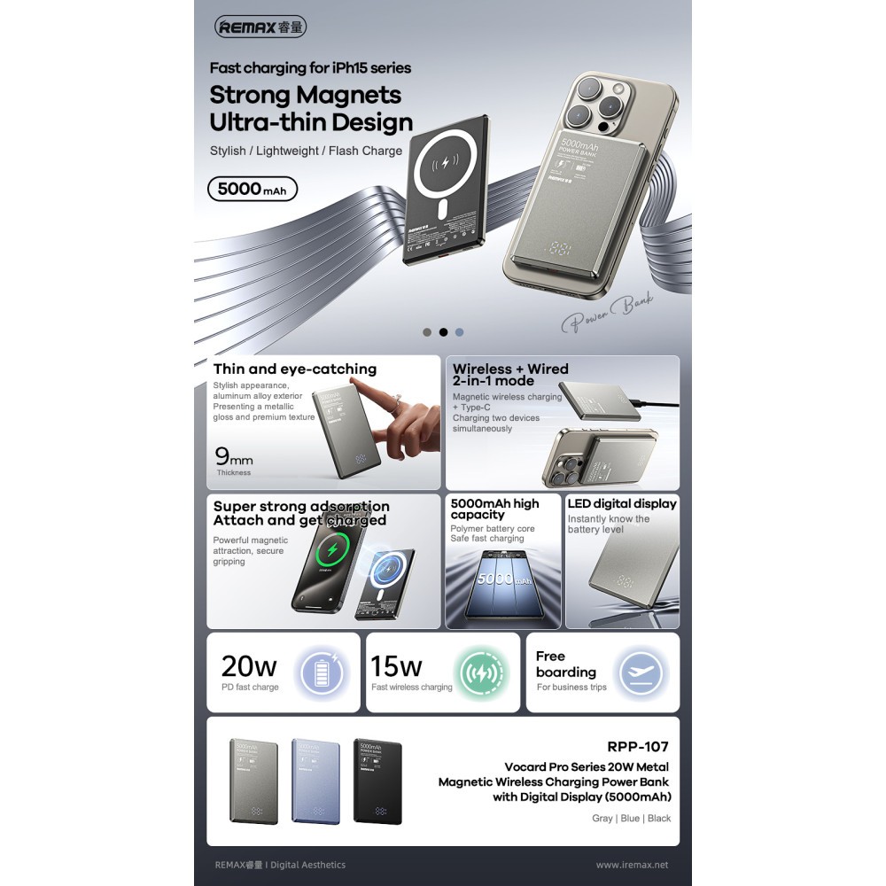 Power Bank Remax RPP-109 10000mAh PD20W Magnetic Wireless (Чорний)-5