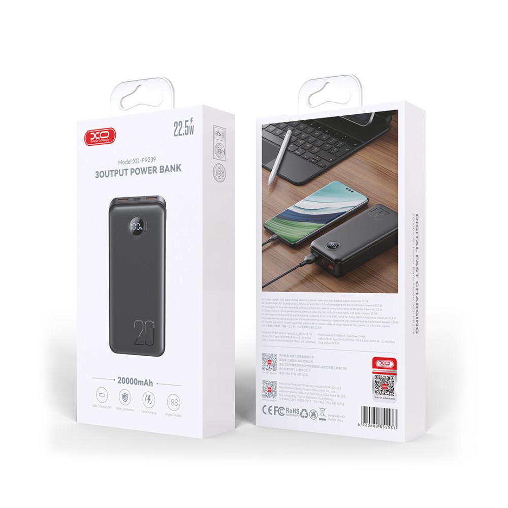 Power Bank XO PR239 20000mAh USB-C 20W/USB-A 22.5W (Чорний)-0