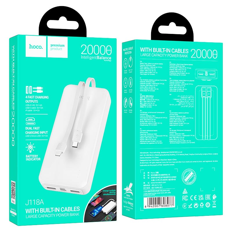 Power Bank Hoco J118A Speed energy with cable 20 000mAh White-0