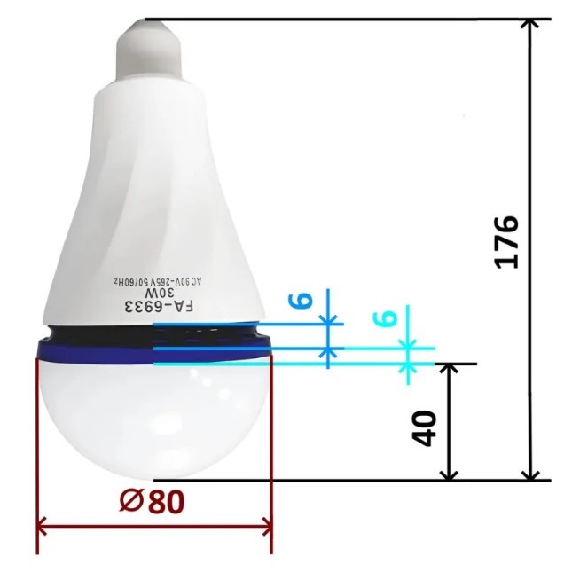 LED Лампа OKGO FA-6933 з акумулятором  (E27/30W/4W от АКБ/3*18650/up6 Hours/6800K/CC500mA)-1