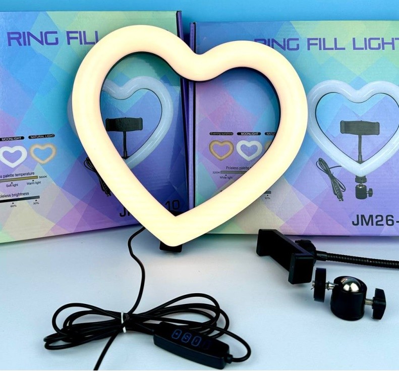 Кільцева світлодіодна Led Лампа 26см JM26-10 RGB Серце із затискачем для телефону-0