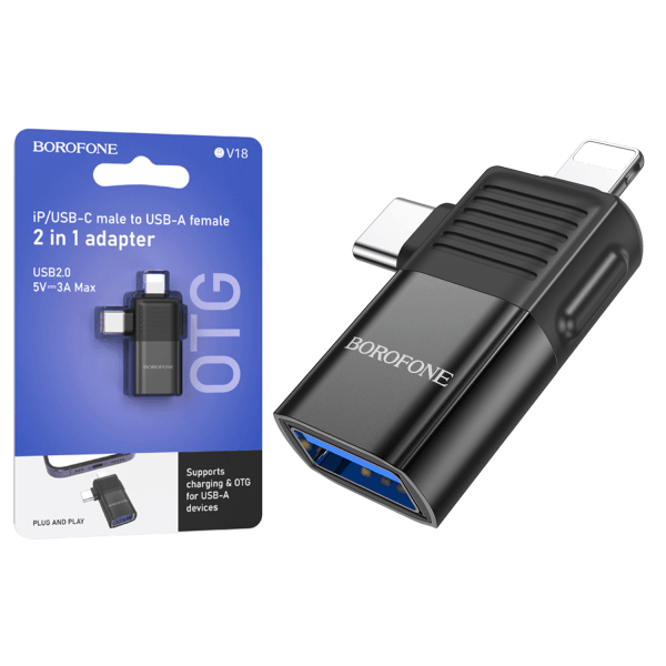 Перехідник BOROFONE BV18 2в1 (Lightning male/Type-C male to USB female USB2.0)-0