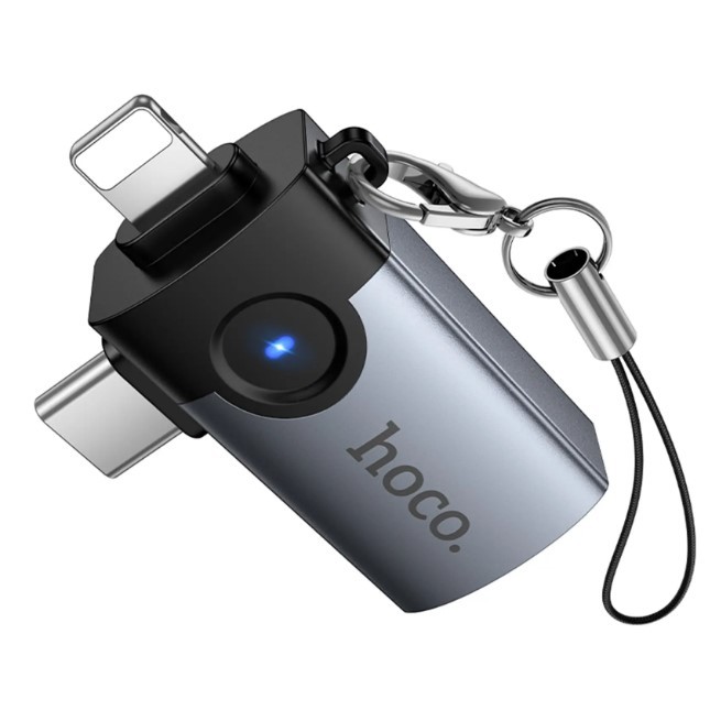 Перехідник Hoco UA46D OTG 2in1 Lightning  /Type-C male to USB female (Metal gray)-1
