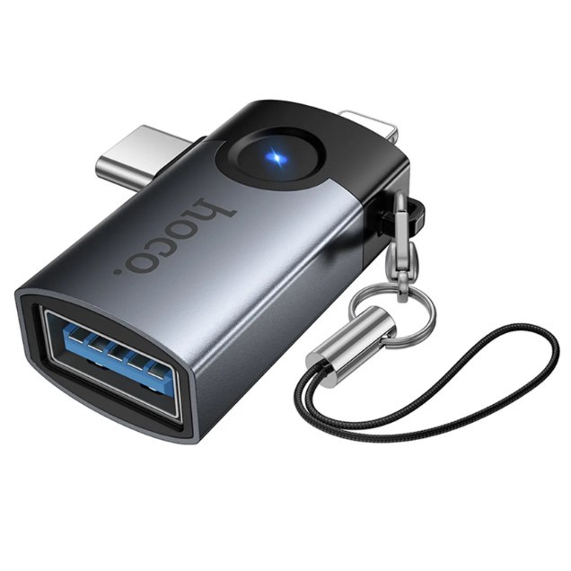 Перехідник Hoco UA46D OTG 2in1 Lightning  /Type-C male to USB female (Metal gray)-2
