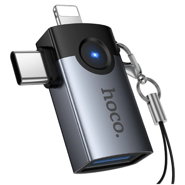 Перехідник Hoco UA46D OTG 2in1 Lightning  /Type-C male to USB female (Metal gray)-3