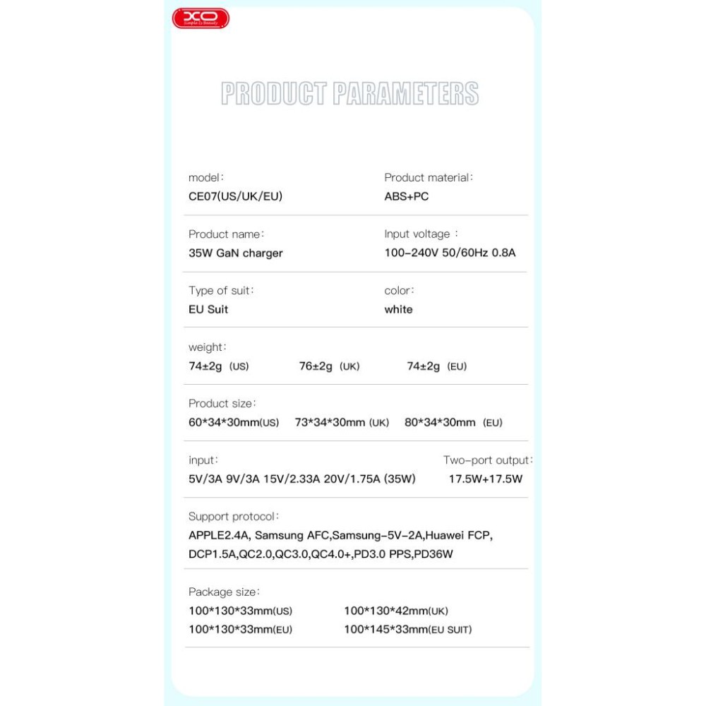 Зарядний пристрій XO CE07 Type-C to Lightning  PD 35W GaN lamp display білий-2