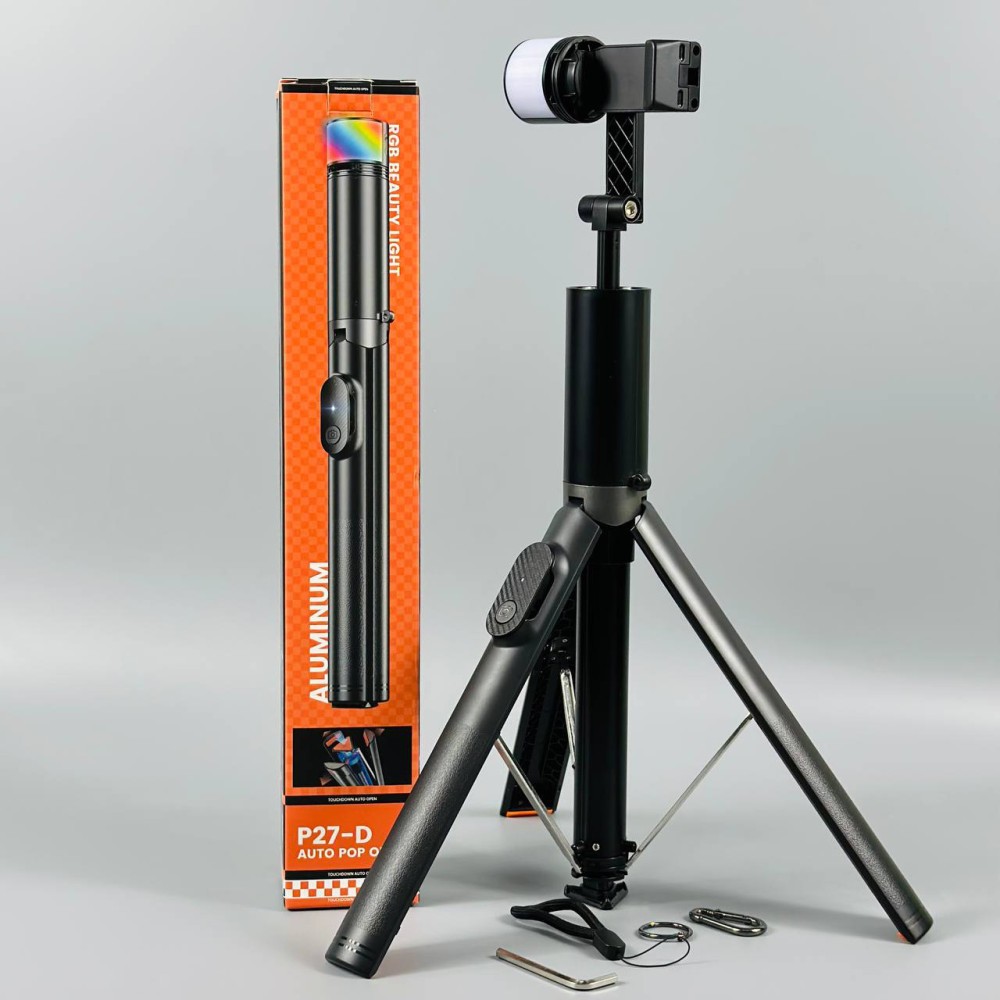 Монопод P27-D Aluminum RGB Beauty Light, Auto Pop open на штативі 159cm Bluetooth (Чорний)-0