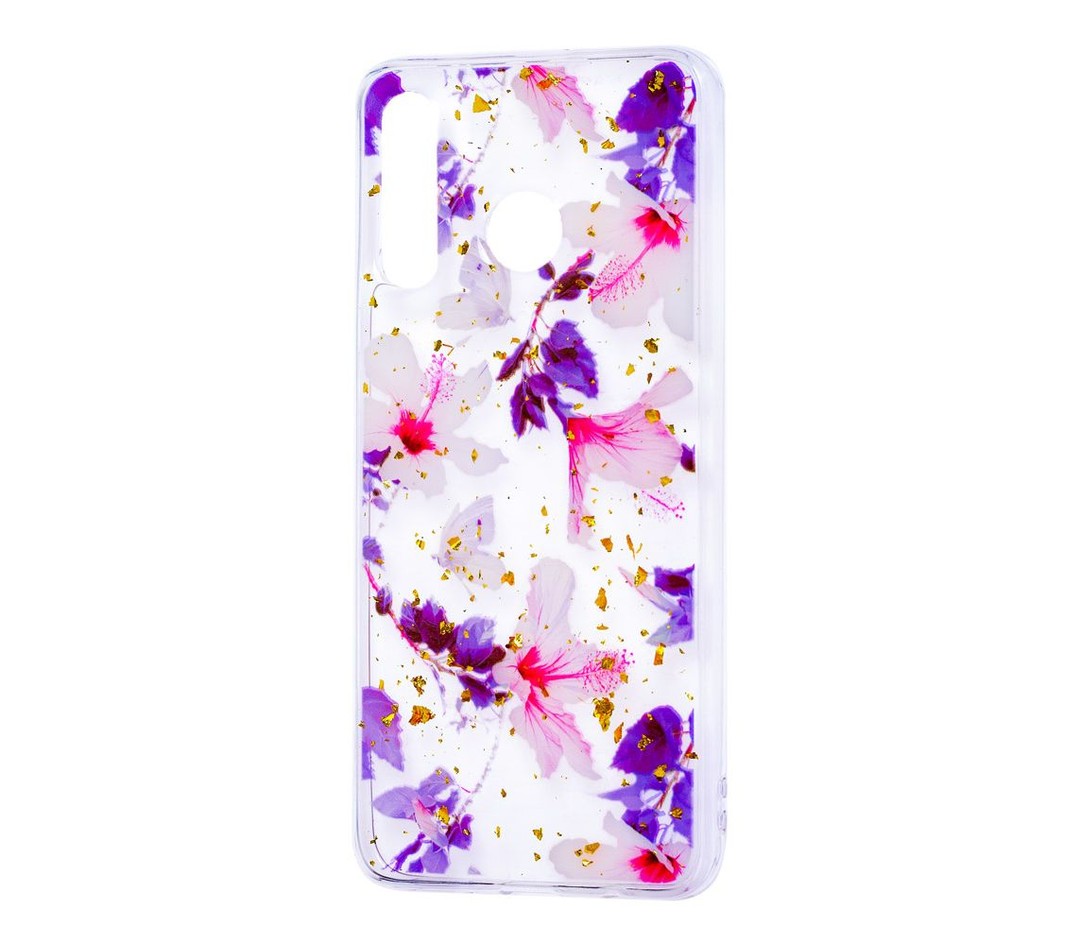 Накладка Beauty Flowers Confetti для Samsung M30 "Рожеві квіти з фіолетовим листям"-0