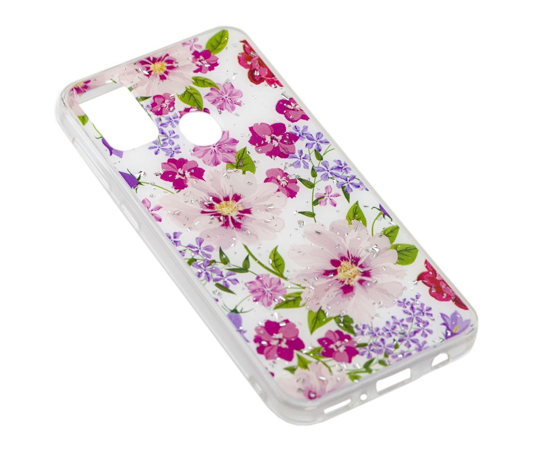 Накладка Glitter для Samsung M30s/M21 "Квіти мікс на білому фоні"-1
