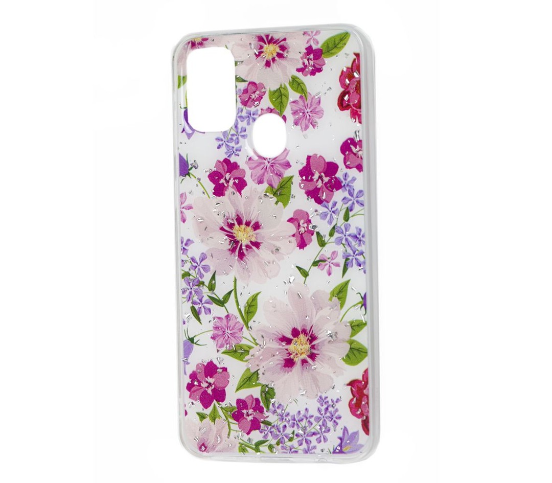 Накладка Glitter для Samsung M30s/M21 "Квіти мікс на білому фоні"-0