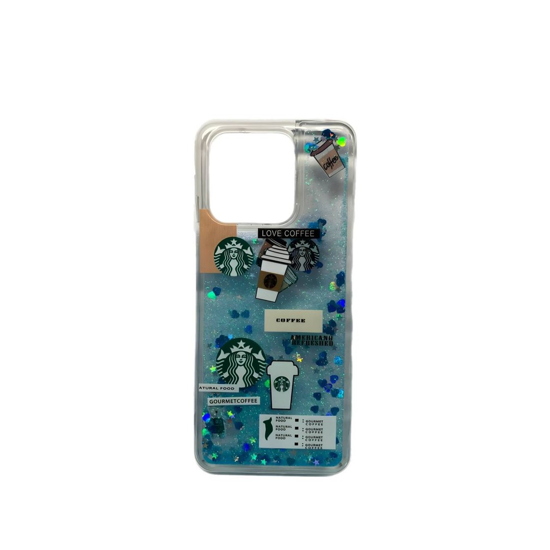 Накладка Aqua для Xiaomi Redmi 10C/POCO C40 "Кава" (сині бльостки) (переливається)-0