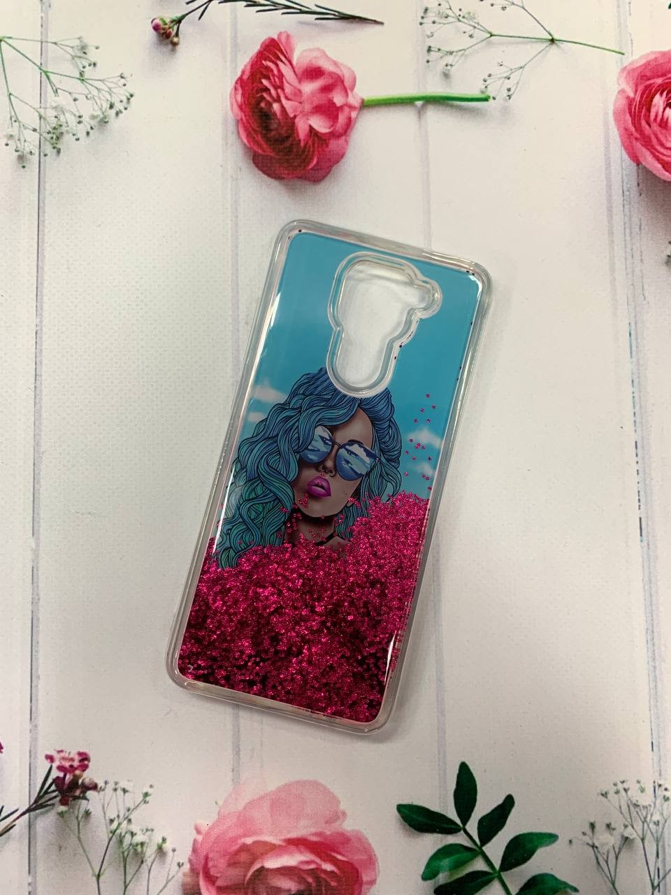 Накладка Fluid Painted для Xiaomi Redmi Note 9 "ДІвчина з синім волоссям і чокером" (переливається)-0