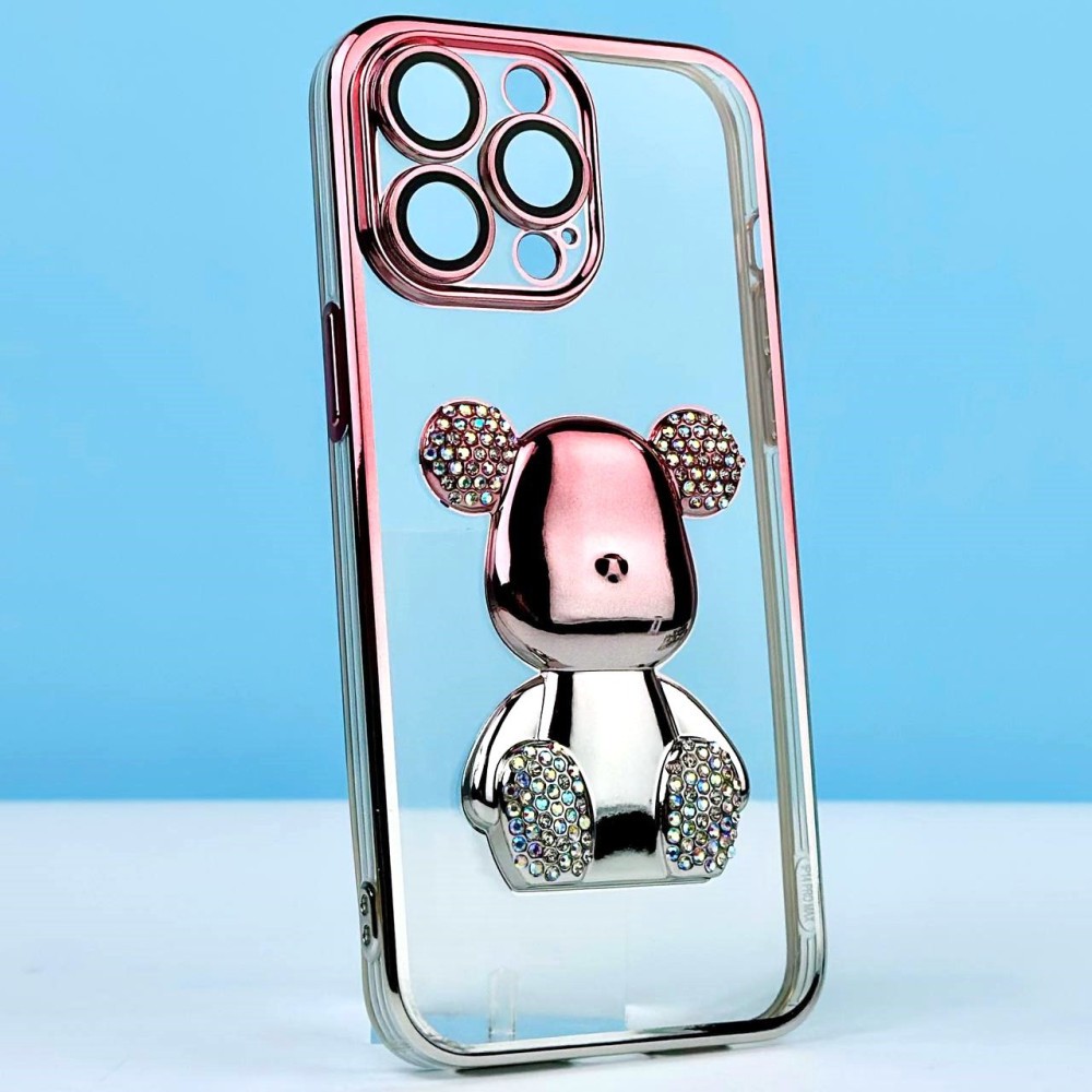 Накладка Bear Gradient Diamond IPhone 15 Pro Max Рожево-срібляста-0