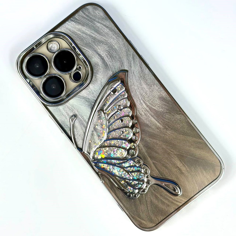 Накладка Shiny Butterflies Ombre для  IPhone 16 Pro срібна-0