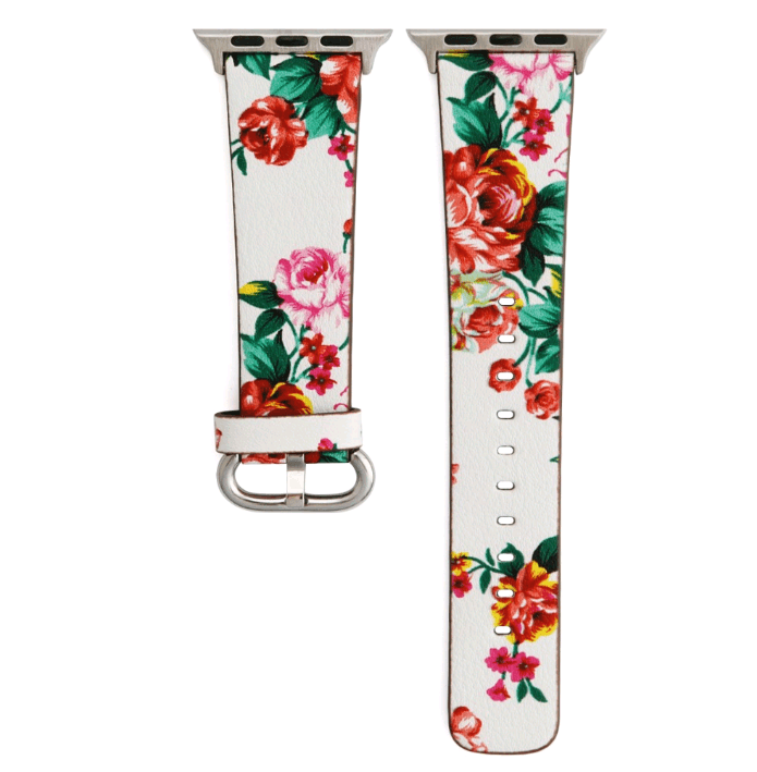 Ремінець Leather flowers 42/44/45/49mm білий з червоними квітами-0