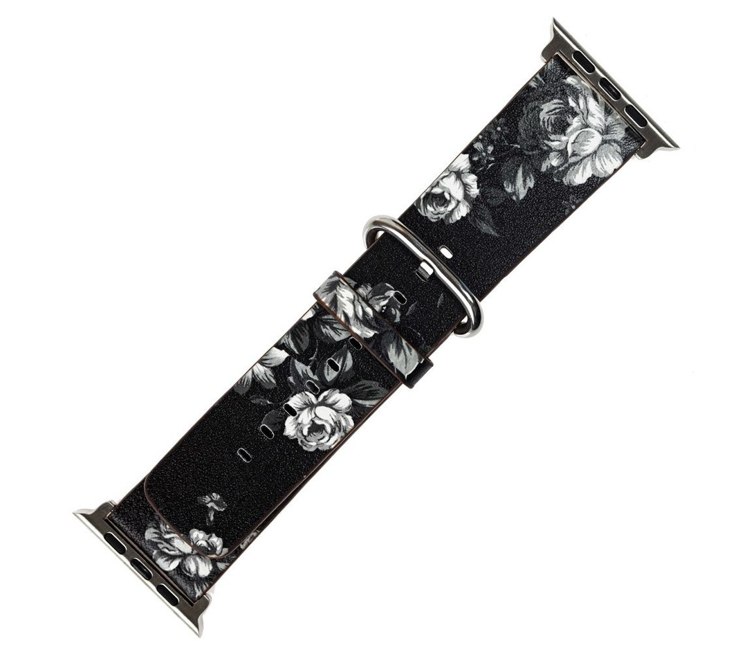 Ремінець Leather flowers 42mm чорний з білими квітами-1