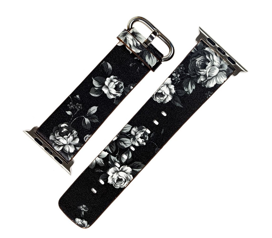 Ремінець Leather flowers 42mm чорний з білими квітами-0