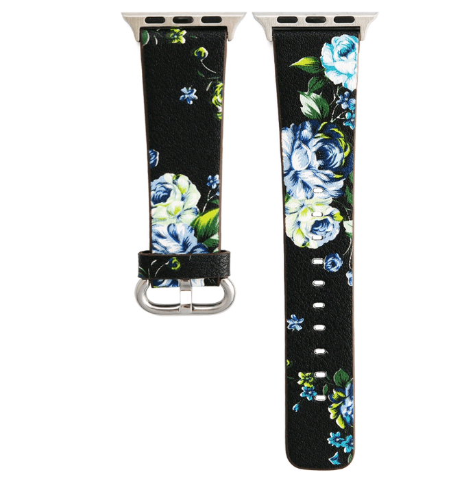 Ремінець для Watch 38/40mm Leather flowers чорний з синіми квітами-0