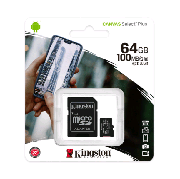 Карта пам`яті microSDXC 64Gb KIngston Canvas Select Plus A1 (UHS-1) (R-100Mb/s) + Adapter SD-0