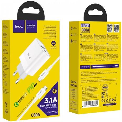 Зарядний пристрій Hoco C80A Rapido PD 20W+QC3.0 (white)