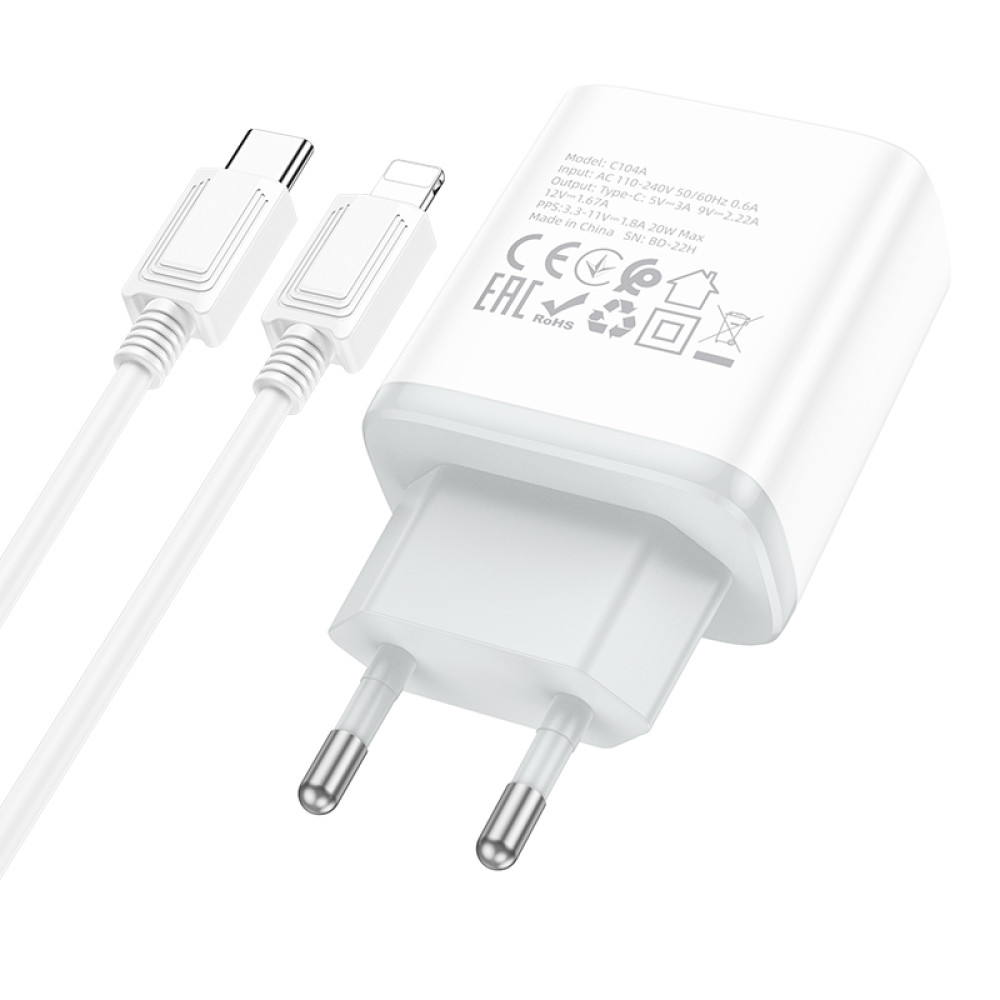 Зарядний пристрій HOCO C104A Type-C to Lightning Stage PD20W-2