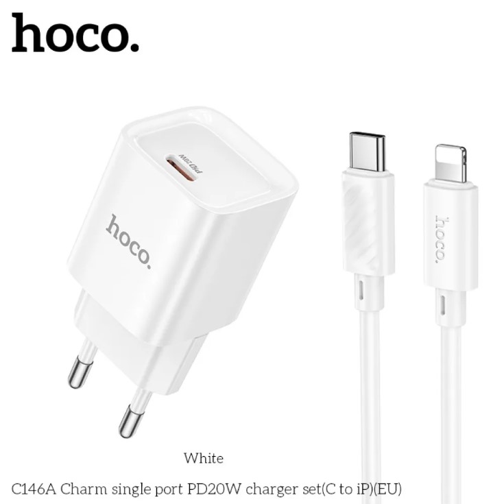 Зарядний пристрій HOCO C146A Charm single port PD20W  (Type-C to Lightnind) White-1